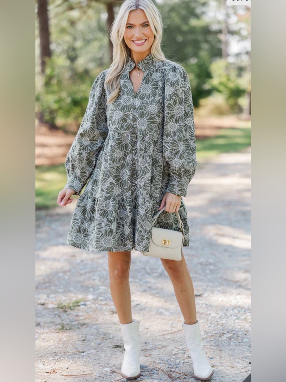 LOVELO Olive Green Floral Embroidered Tiered cotton Mini Dress Size Large